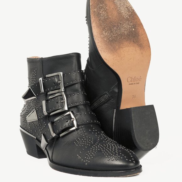 Chloe Susanna Black Studded Buckle Biker Ankle Boots - Picture 4 of 12